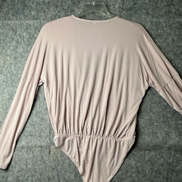 American Apparel One Piece Bodysuit Women's Pink Beige Long Sleeve V-Neck - Picture 2 of 5